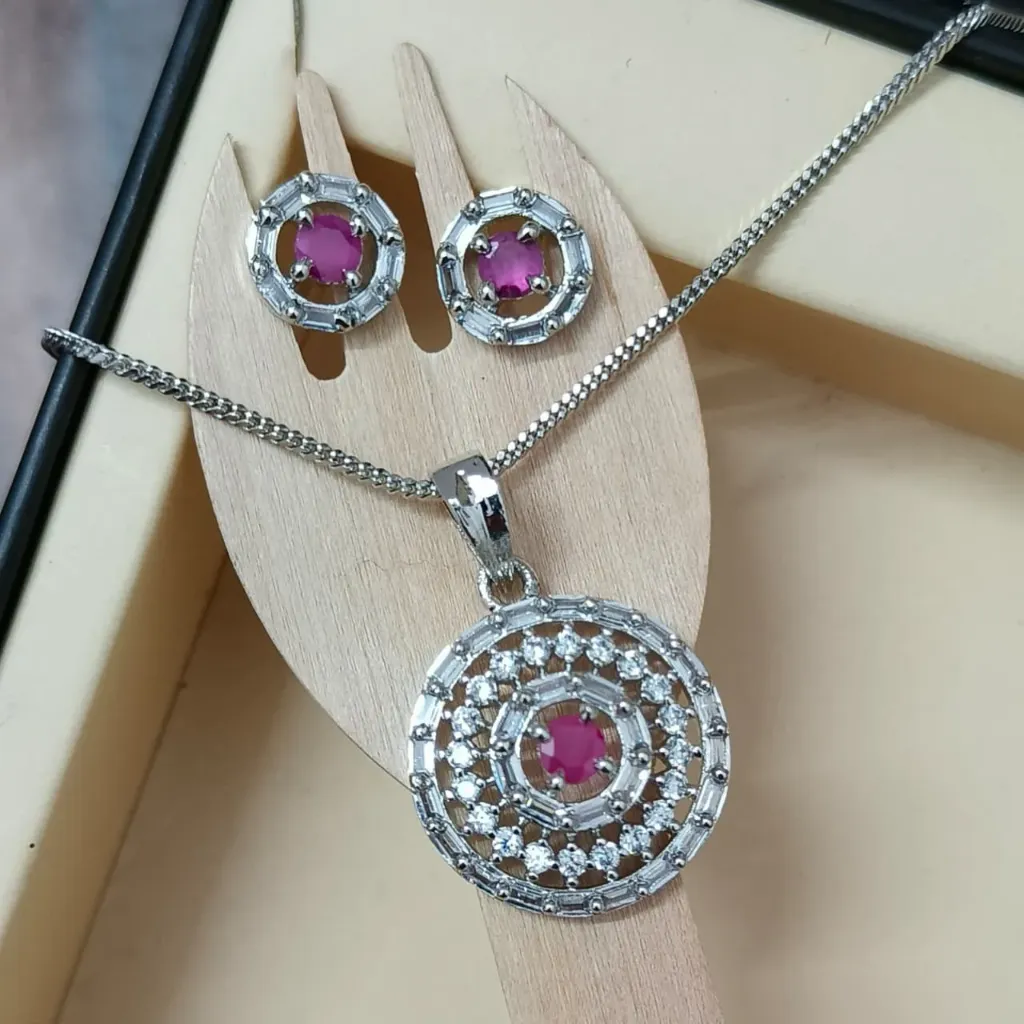 [PSS003] Radiant Ruby Halo Pendant Set