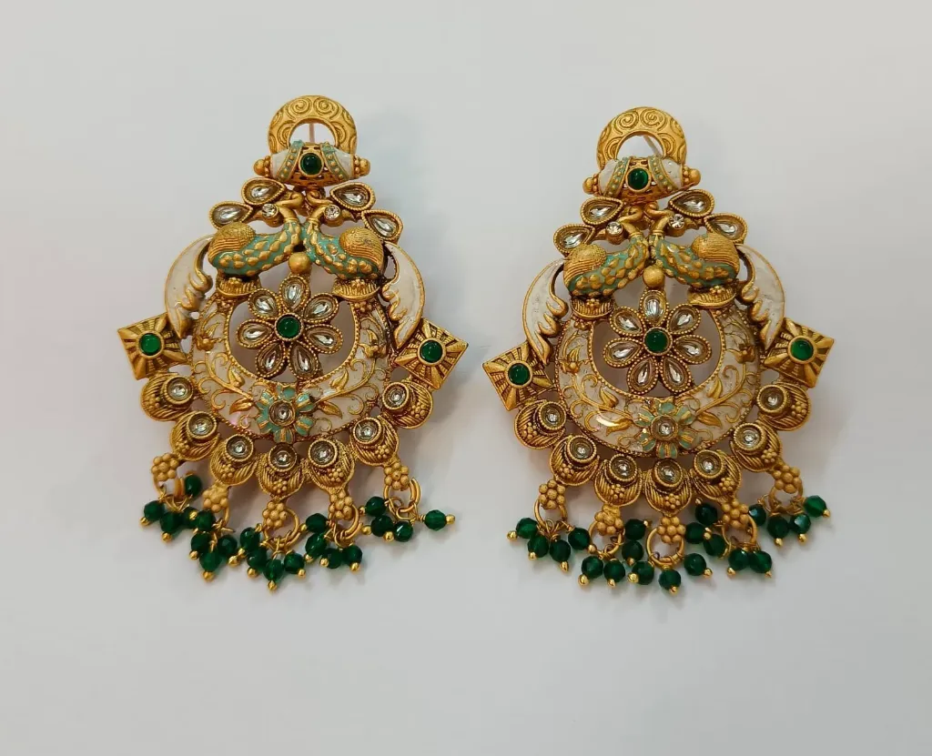 [CE001] Peacock Motif Kundan Copper Statement Earrings with Green Bead Drops