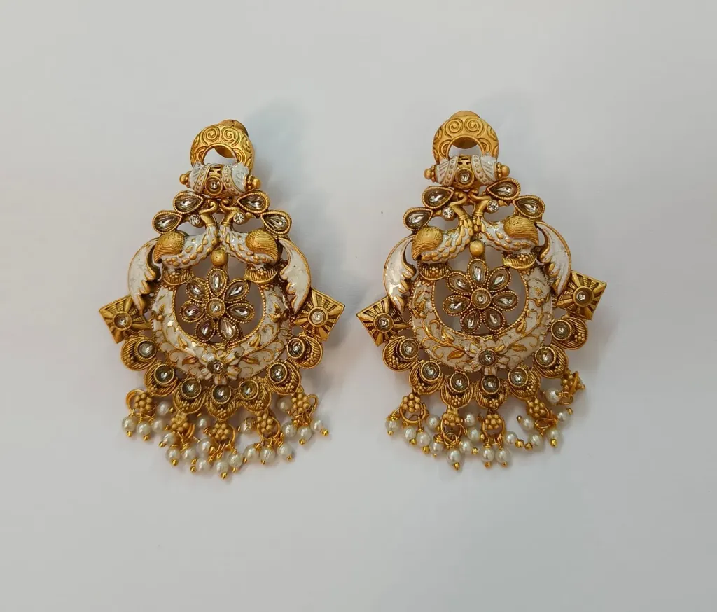 [CE002] White Enamel Peacock Kundan Copper Statement Earrings with Pearl Drops