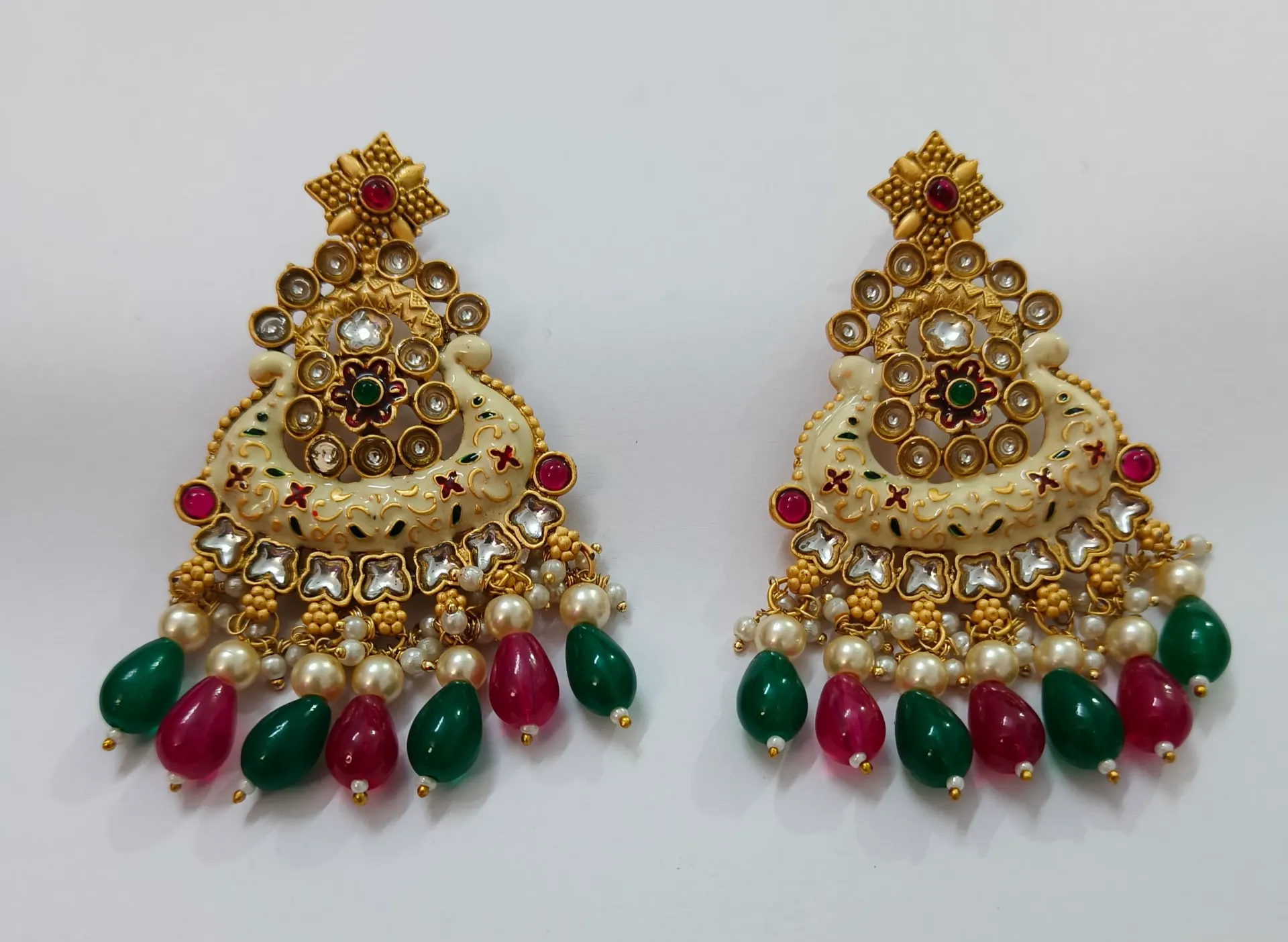 Ivory Enamel Kundan Chandbali Earrings with Green & Ruby Drop Beads