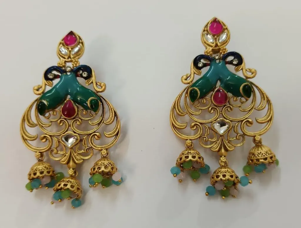 [CE004] Peacock Motif Kundan Jhumki Earrings with Green Enamel & Bead Drops