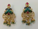 Peacock Motif Kundan Jhumki Earrings with Green Enamel & Bead Drops