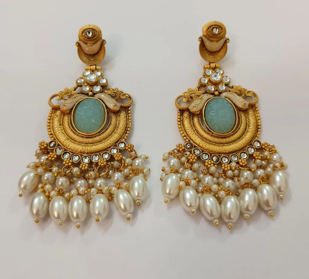 [CE005] Mint Stone Kundan Chandbali Earrings with Pearl Drops