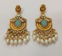 Mint Stone Kundan Chandbali Earrings with Pearl Drops