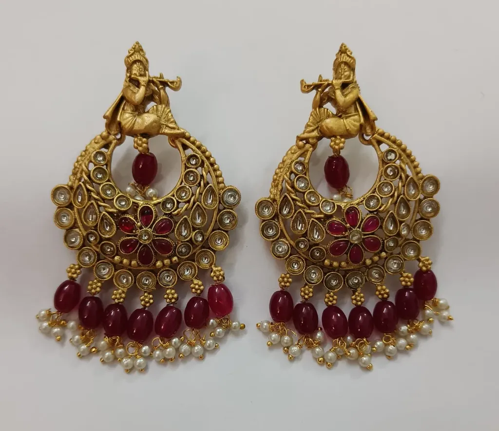 [CE006] Krishna Motif Kundan Chandbali Earrings with Ruby Drops