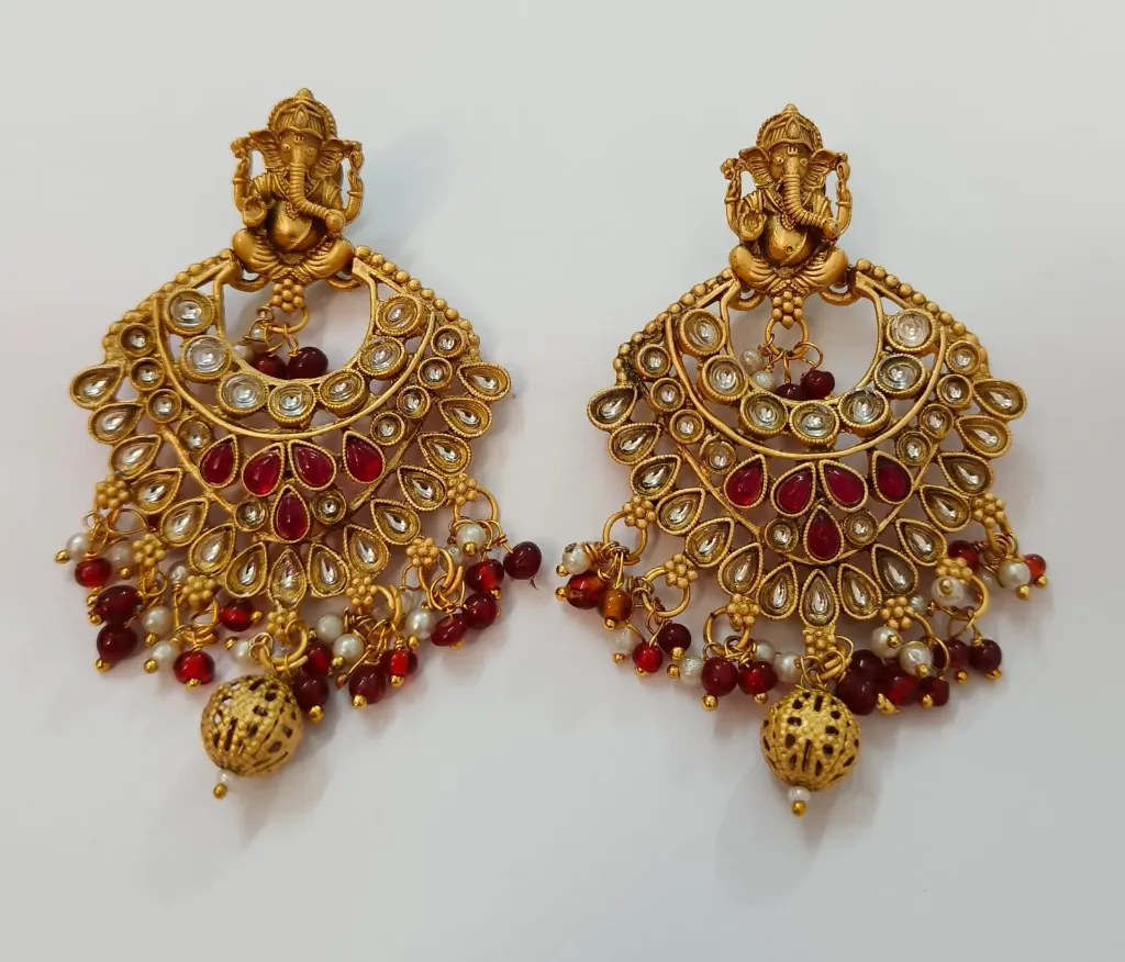 [CE007] Ganesh Kundan Chandbali Earrings with Ruby Drops & Jhumka Accent
