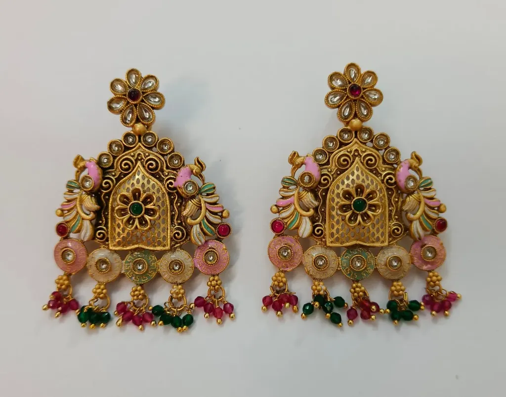 [CE008] Peacock Motif Enamel Kundan Earrings with Multicolour Bead Drops