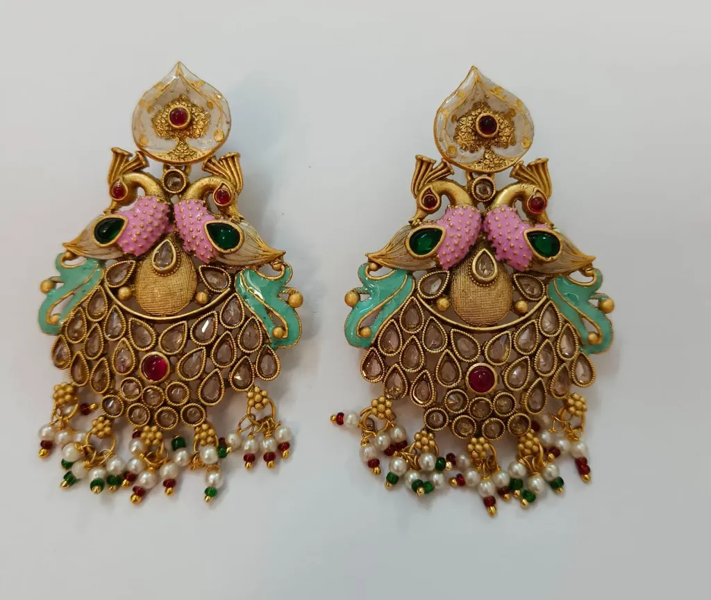 [CE009] Twin Peacock Enamel Kundan Earrings with Pearl Bead Drops