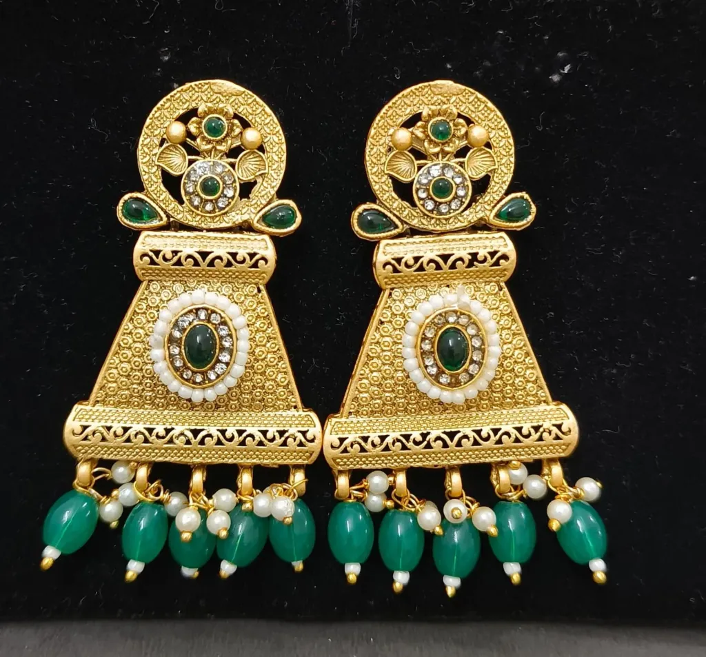[CE010] Antique Gold Green Stone Jhumka Earrings with Pearl & Bead Drops