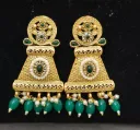 Antique Gold Green Stone Jhumka Earrings with Pearl & Bead Drops
