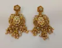 Antique Gold Kundan Chandbali Earrings with Pearl Clusters