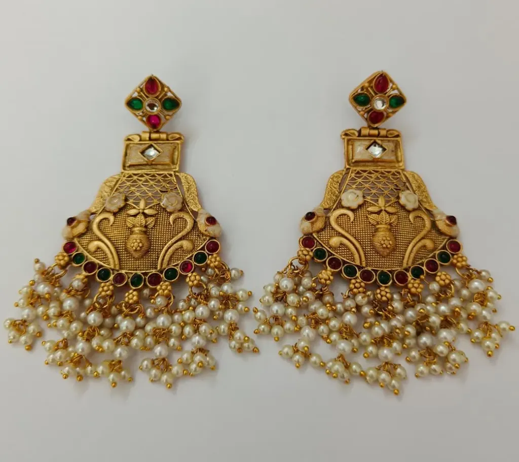 [CE012] Antique Gold Lakshmi Motif Temple Earrings with Pearl Jhumka Drops