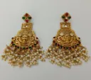 Antique Gold Lakshmi Motif Temple Earrings with Pearl Jhumka Drops