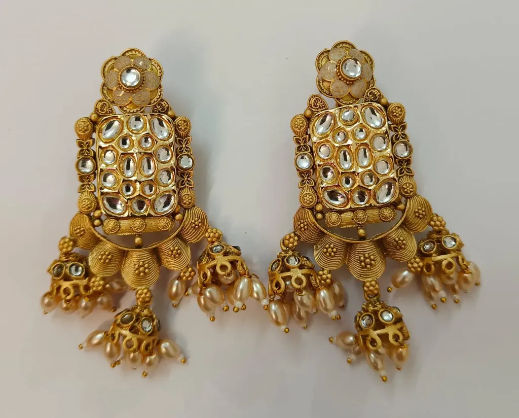 [CE013] Antique Gold Kundan Pearl Drop Statement Earrings