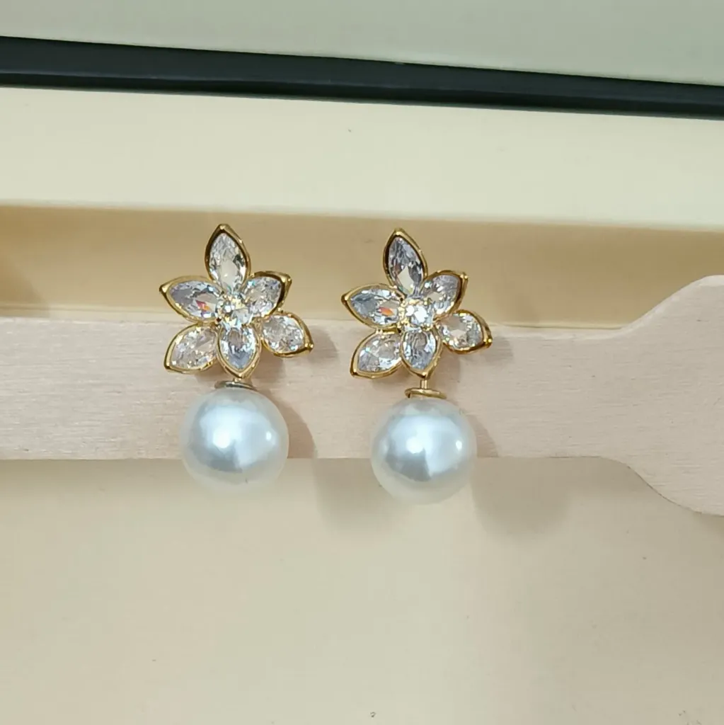 [ATEG042] Crystal Blossom Pearl Drop Earrings – Anti Tarnish