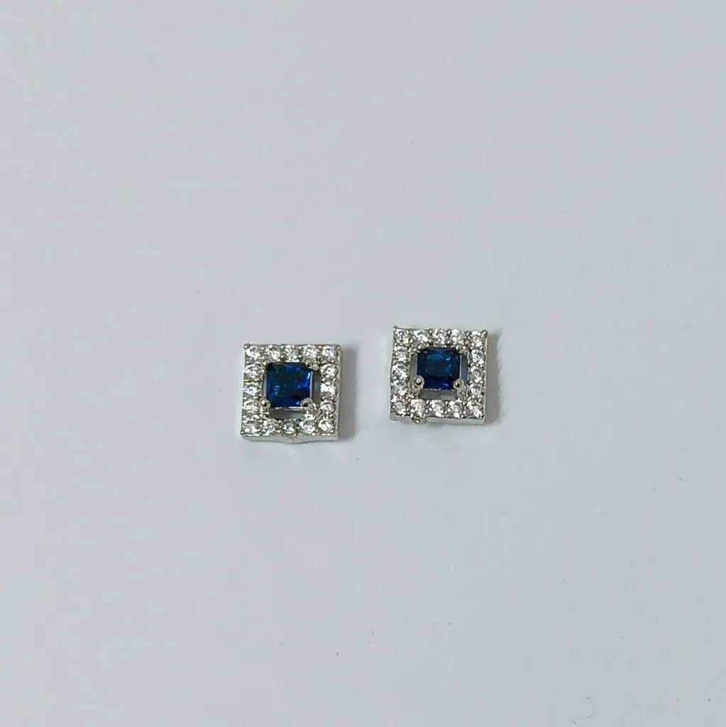 [ADES009] Silver-Toned Square American Diamond Halo Stud Earrings (Navy Blue)