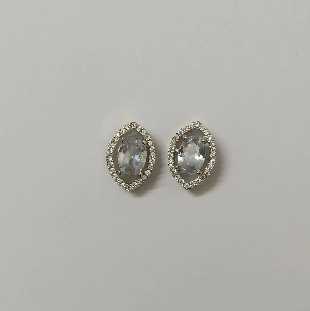 Silver-Toned Oval Cut American Diamond Halo Stud Earrings