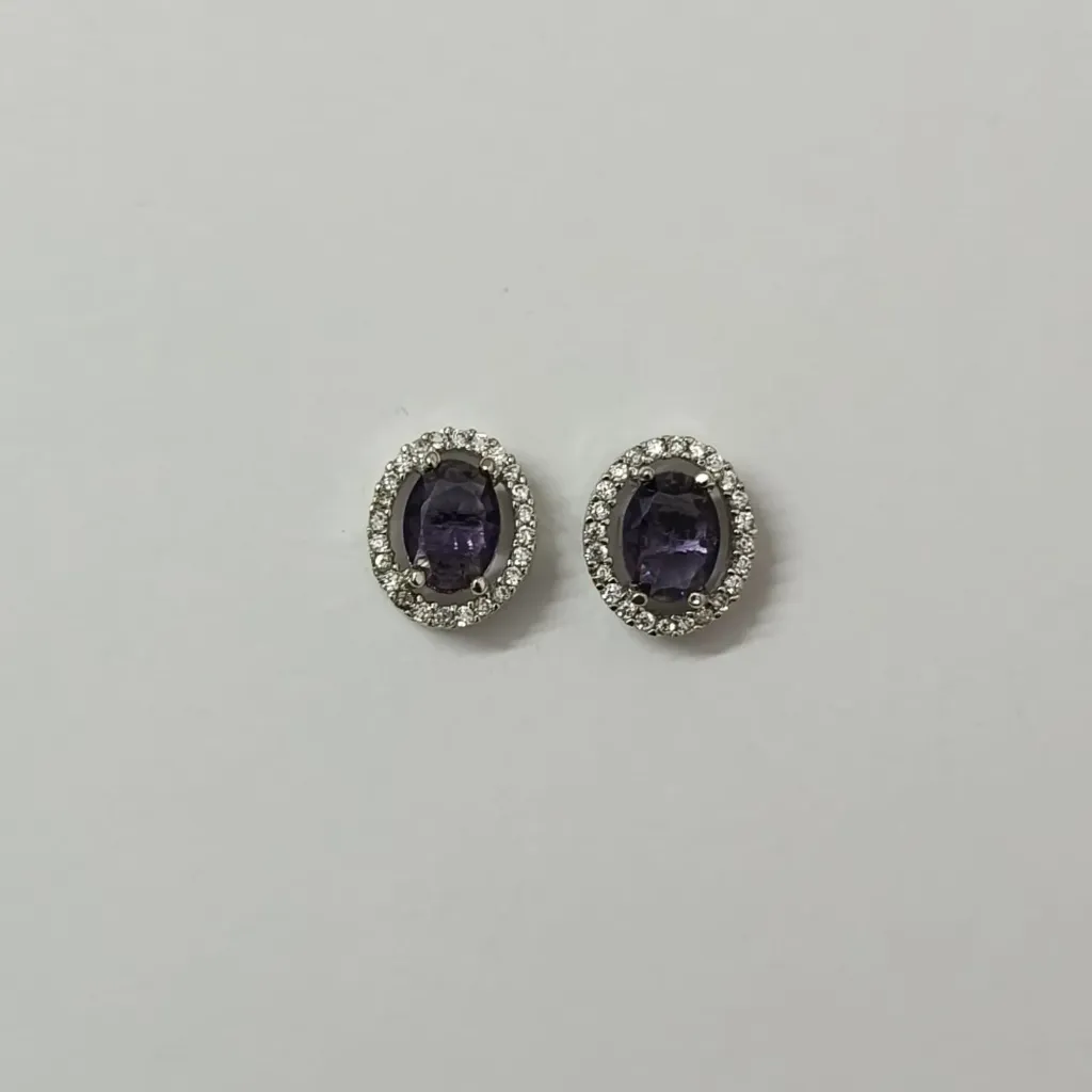 Silver-Toned Oval Cut Coloured Stone Halo Stud Earrings
