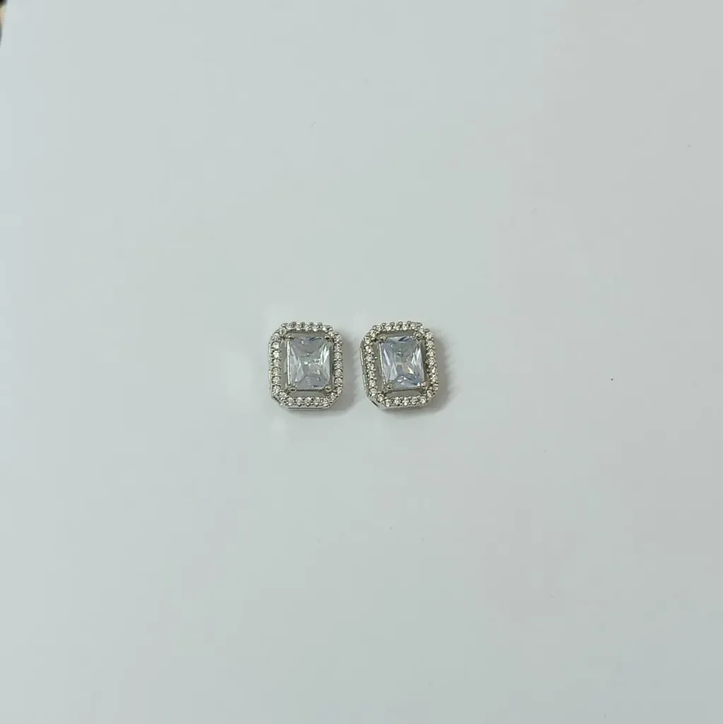 [ADES017] Silver-Toned Rectangle Cut Halo Stud Earrings