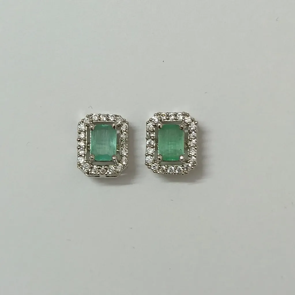 Silver-Toned Emerald Cut Halo Stud Earrings – Green Stone
