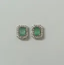 Silver-Toned Emerald Cut Halo Stud Earrings – Green Stone