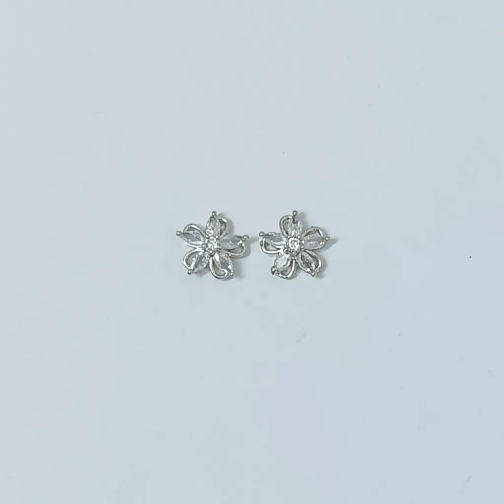 Silver-Toned Floral American Diamond Stud Earrings