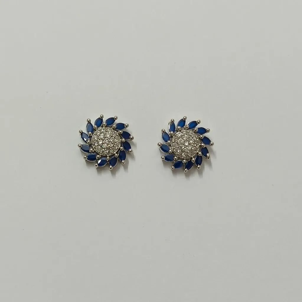 [ADES027] Royal Blue Floral American Diamond Stud Earrings