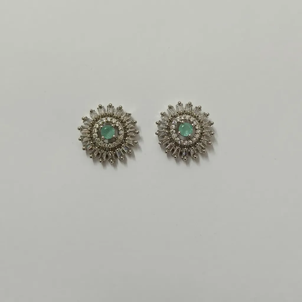 [ADES028] Emerald Glow Sunburst American Diamond Stud Earrings