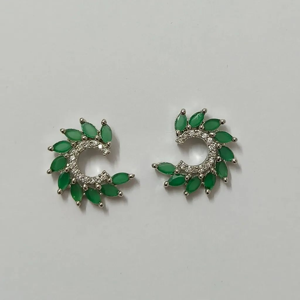 [ADES032] Emerald Crescent American Diamond Stud Earrings