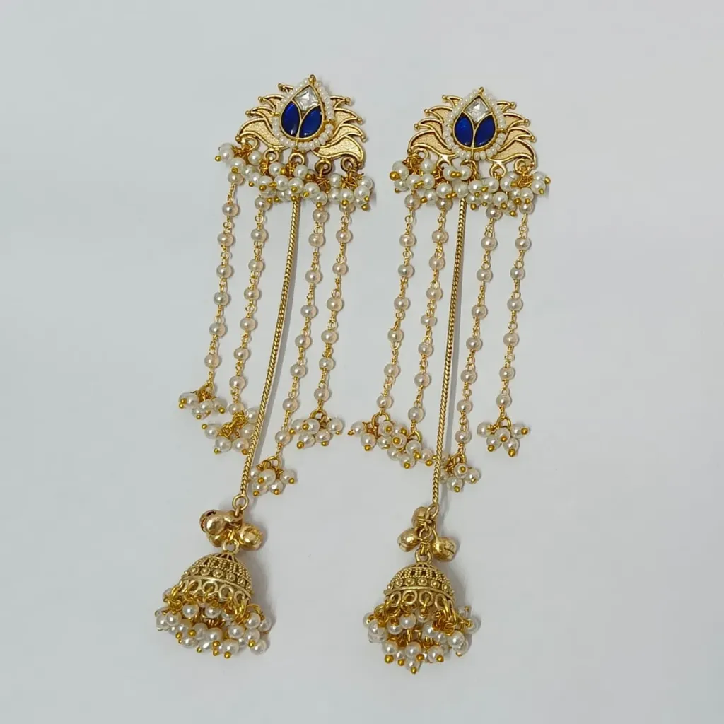 [KE004] Kashmiri Long Pearl Chain Jhumka Earrings – Blue Accent