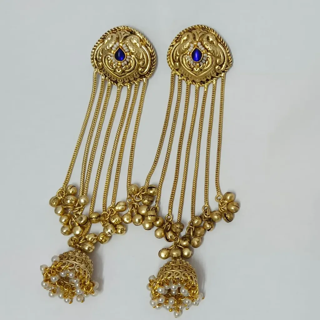 [KE006] Kashmiri Long Earrings with Blue Stone & Jhumka Drops