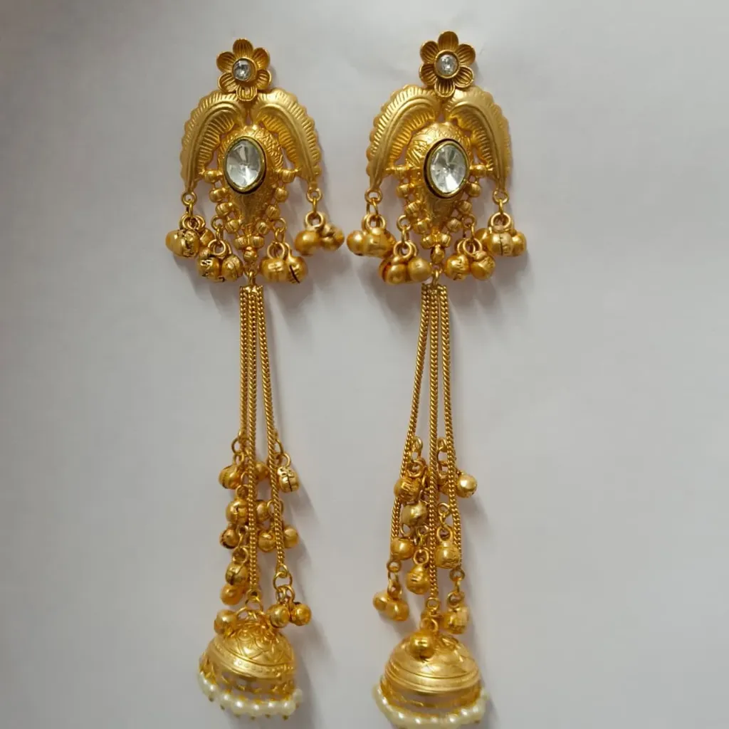[KE007] Antique Gold-Toned Long Temple Jhumka Earrings with Chain Tassels