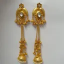 Antique Gold-Toned Long Temple Jhumka Earrings with Chain Tassels