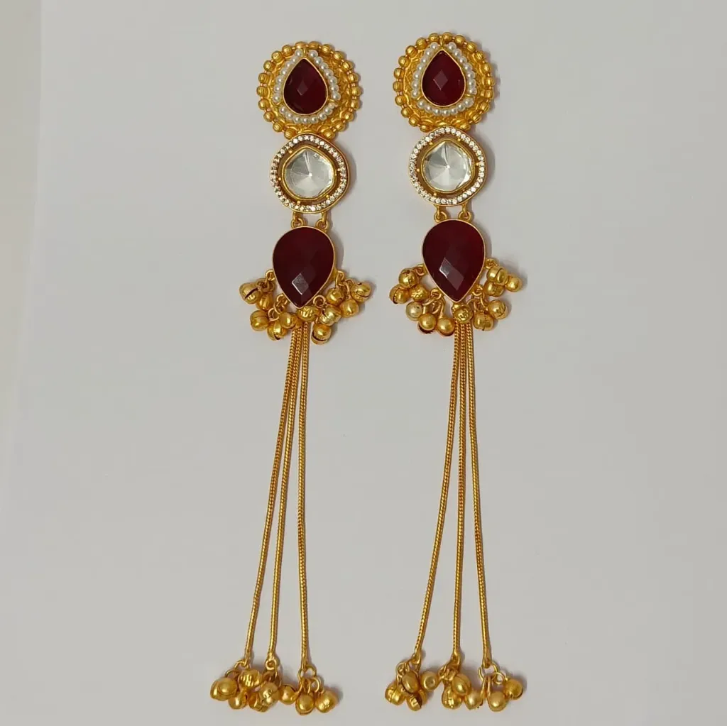 [KE010] Gold-Toned Maroon & Clear Stone Long Tassel Earrings