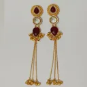 Gold-Toned Maroon & Clear Stone Long Tassel Earrings