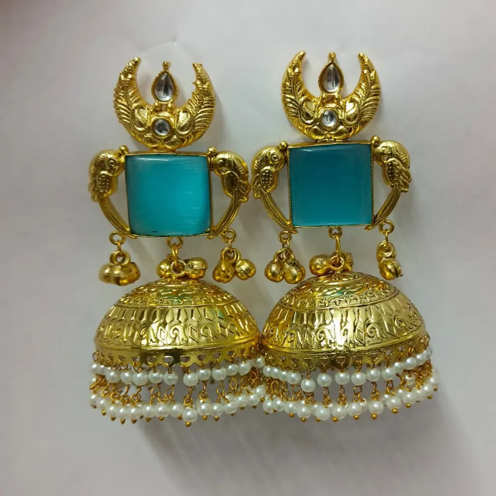 [KE011] Gold-Toned Peacock Motif Turquoise Stone Jhumka Earrings