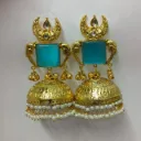 Gold-Toned Peacock Motif Turquoise Stone Jhumka Earrings