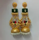 Gold-Toned Bird Motif Green Stone Jhumka Earrings