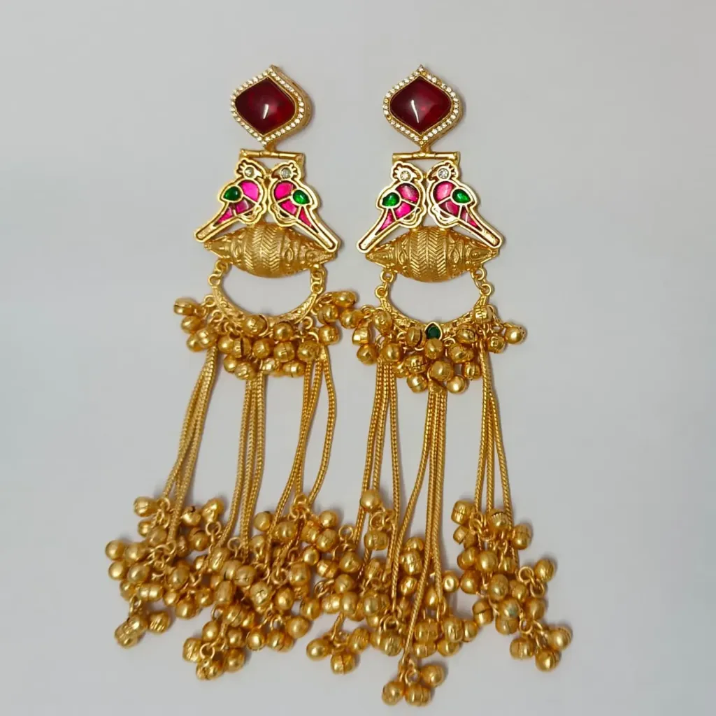 [KE013] Gold-Toned Bird Motif Red Stone Long Drop Earrings