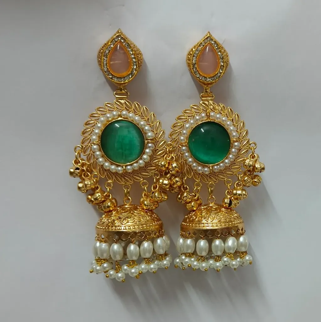 [KE014] Gold-Toned Green Stone Pearl Jhumka Drop Earrings