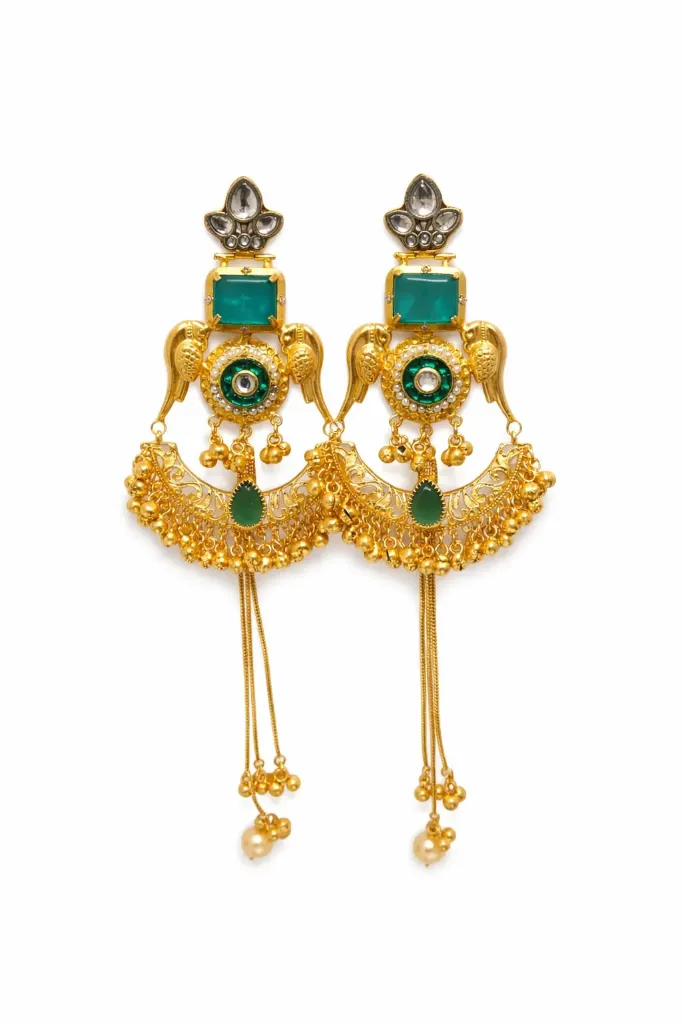 [KE015] Gold-Toned Green Stone Chandbali Earrings with Pearl Drops