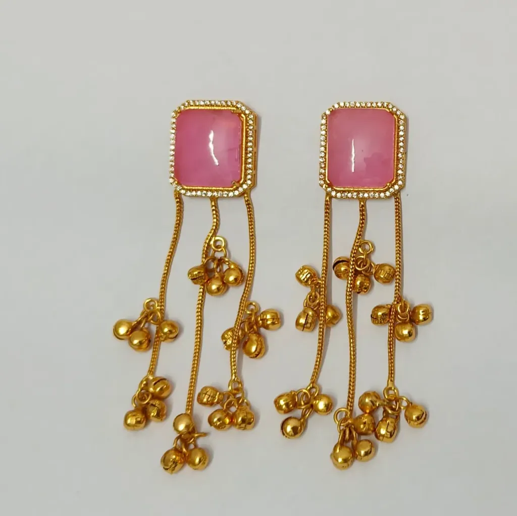 [KE016] Gold-Toned Pink Stone Tassel Earrings with Ghungroo Drops