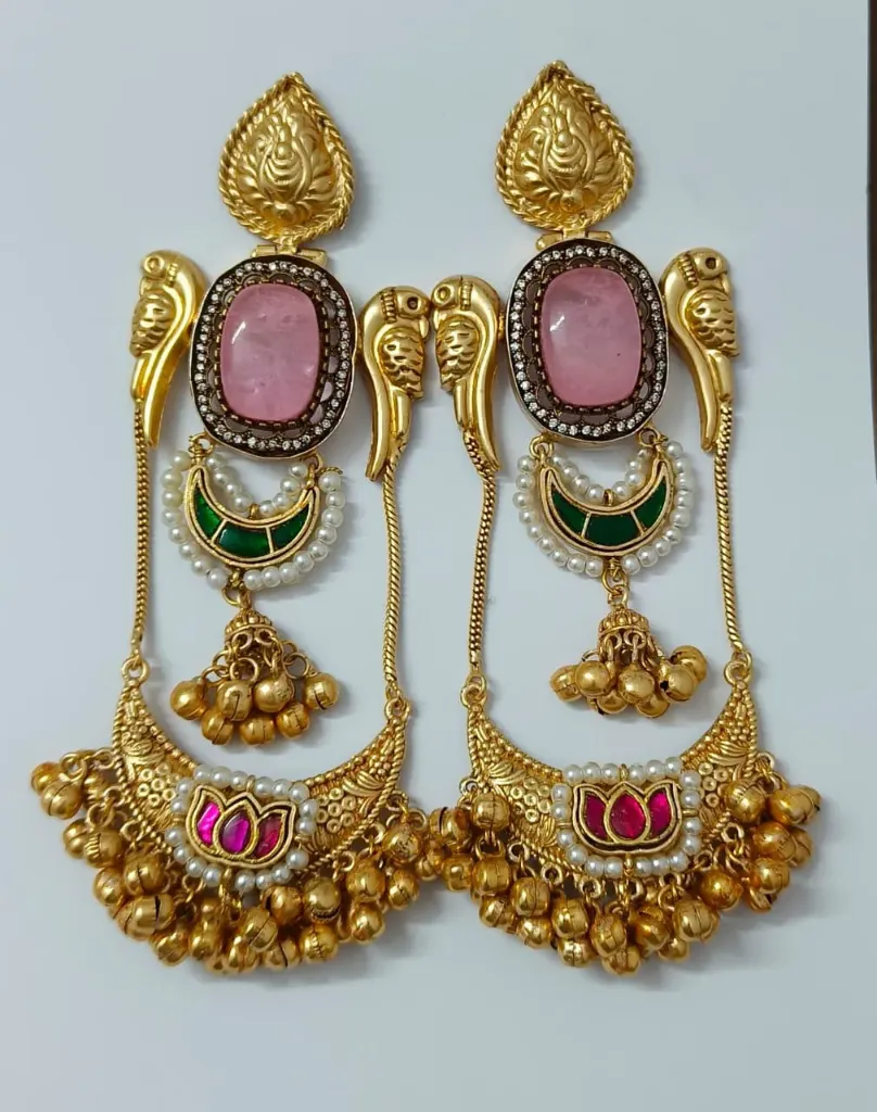 [KE017] Gold-Toned Pink Stone Chandbali Earrings with Pearl & Ghungroo Detailing