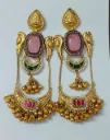 Gold-Toned Pink Stone Chandbali Earrings with Pearl & Ghungroo Detailing