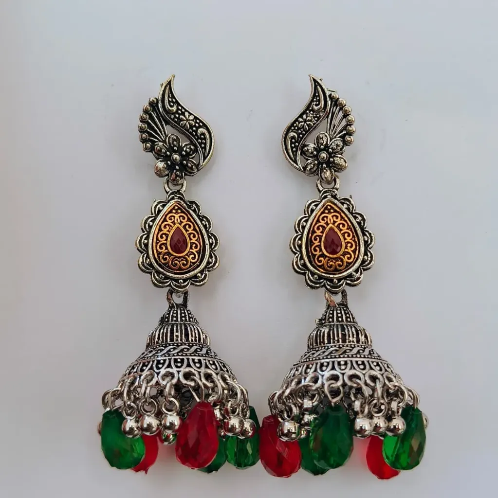 [OE001] Oxidised Silver Jhumka Earrings with Red & Green Bead Drops