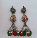 Oxidised Silver Jhumka Earrings with Red & Green Bead Drops