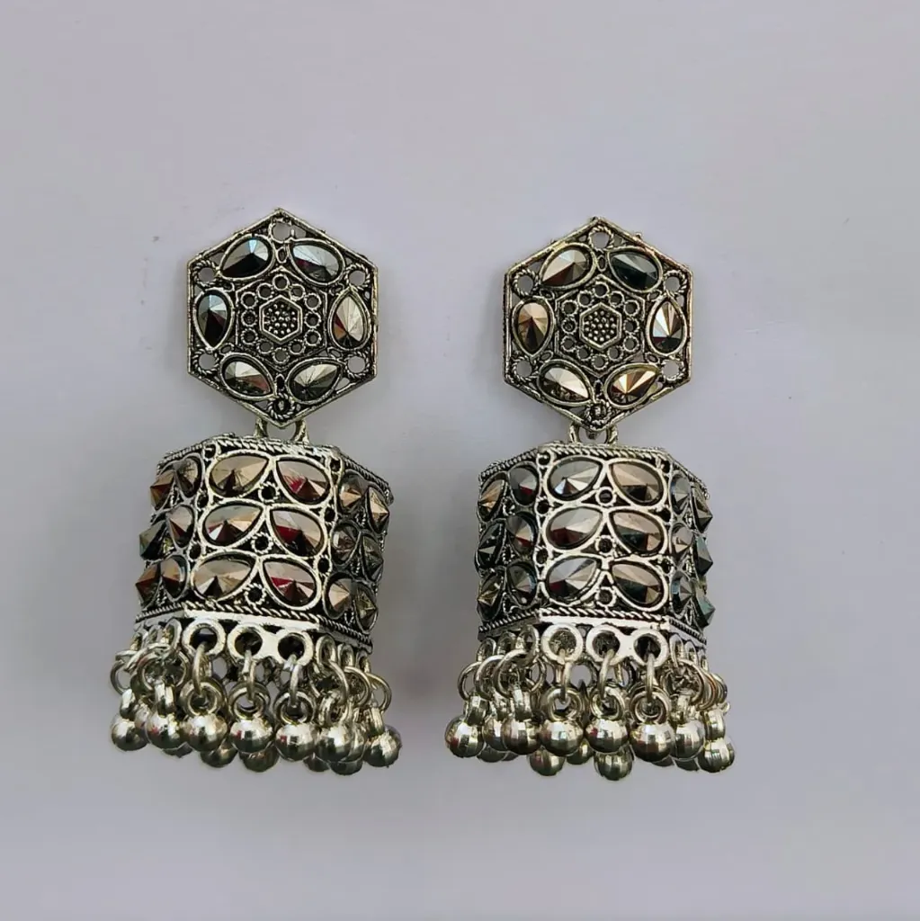 [OE002] Oxidised Silver Hexagon Stud Jhumka Earrings