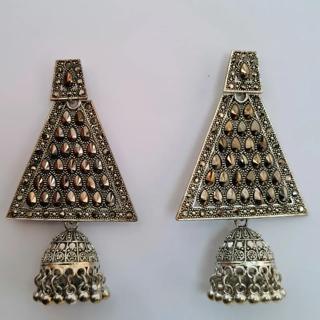 Oxidised Silver Triangle Panel Jhumka Earrings