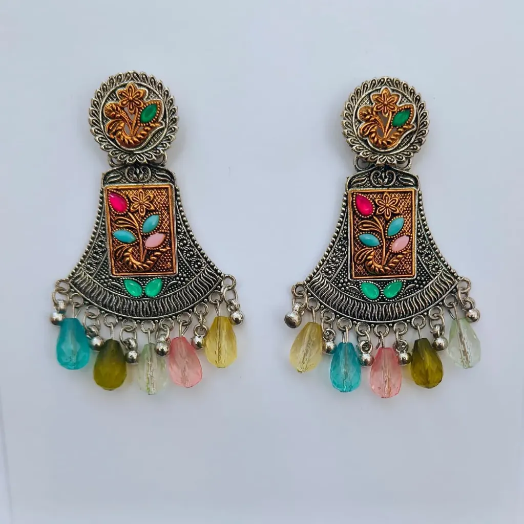 [OE009] Oxidised Multicolour Floral Drop Earrings