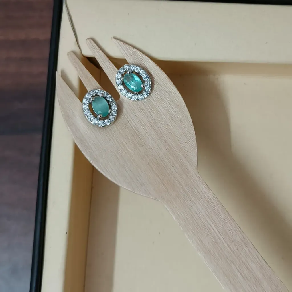 [ADES002] Silver-Toned American Diamond Halo Stud Earrings (Green)